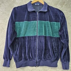 Vintage Honors Velour Track Jacket Mens Large Full Zip Navy Blue Green Retro